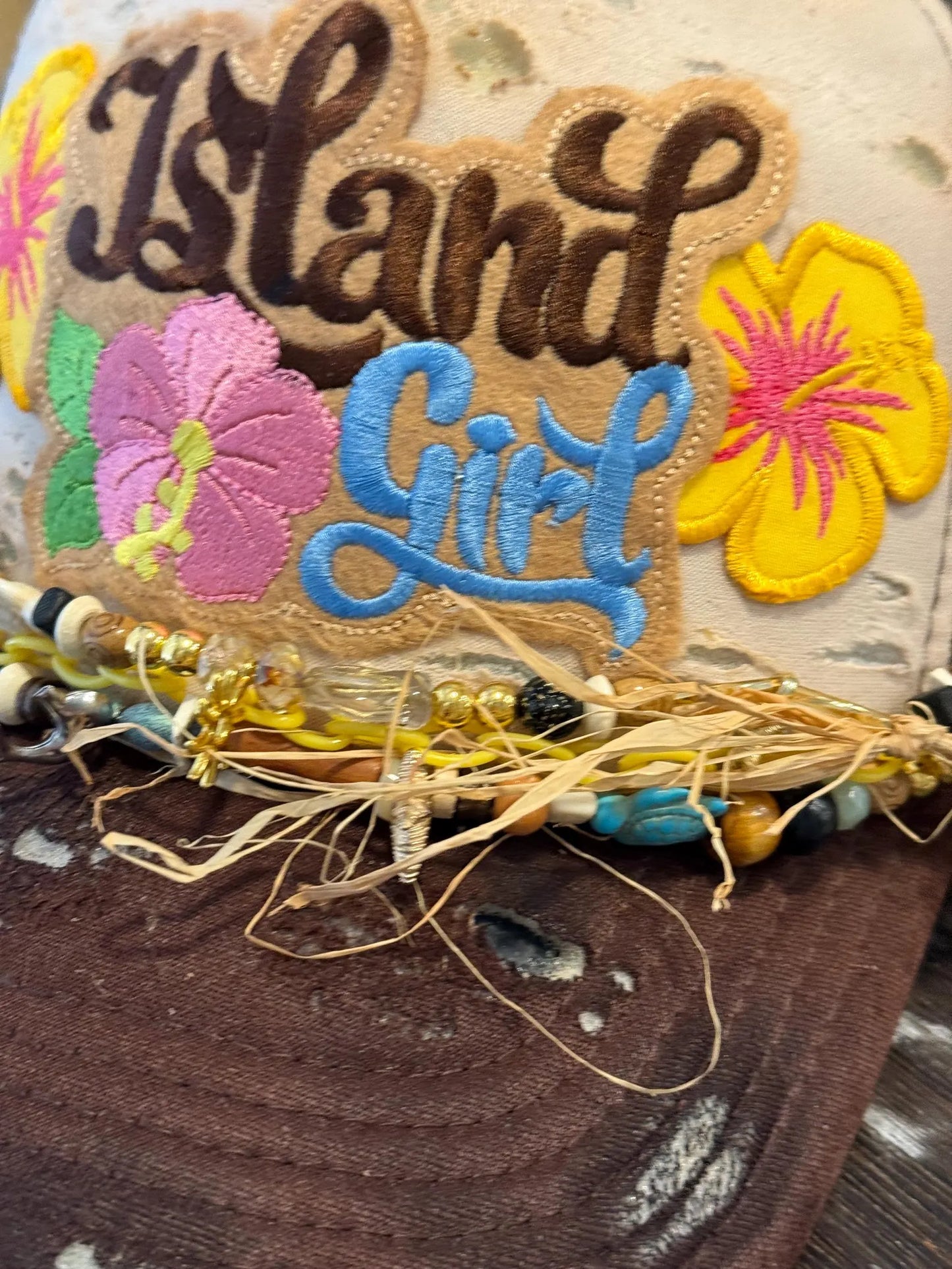 BROWN ISLAND GIRL DISTRESSED TRUCKER HAT