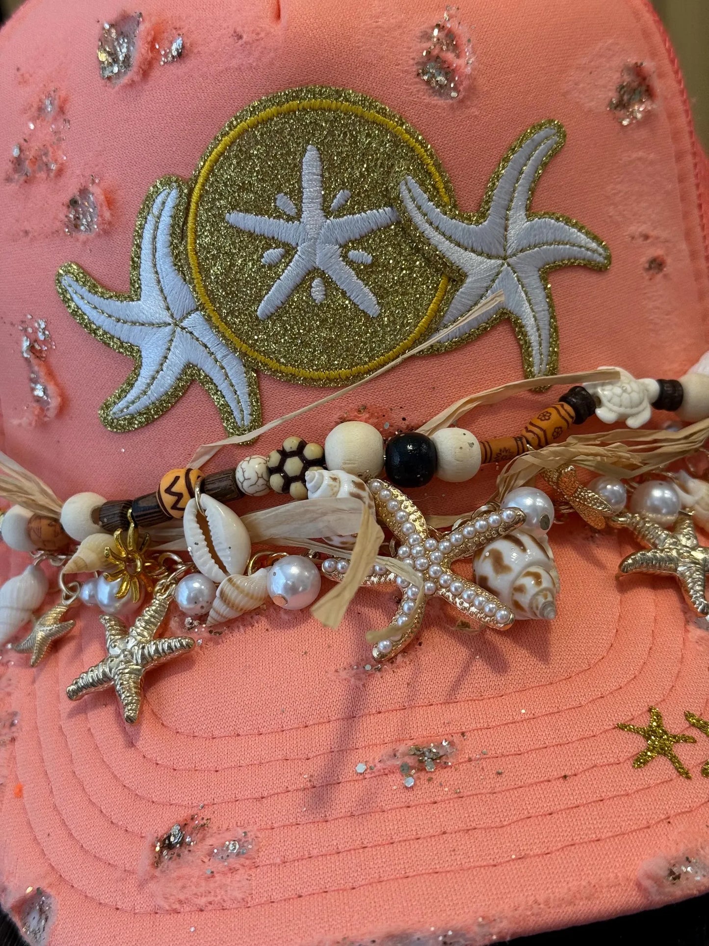 CORAL DISTRESSED SAND DOLLAR/STARFISH TRUCKER HAT