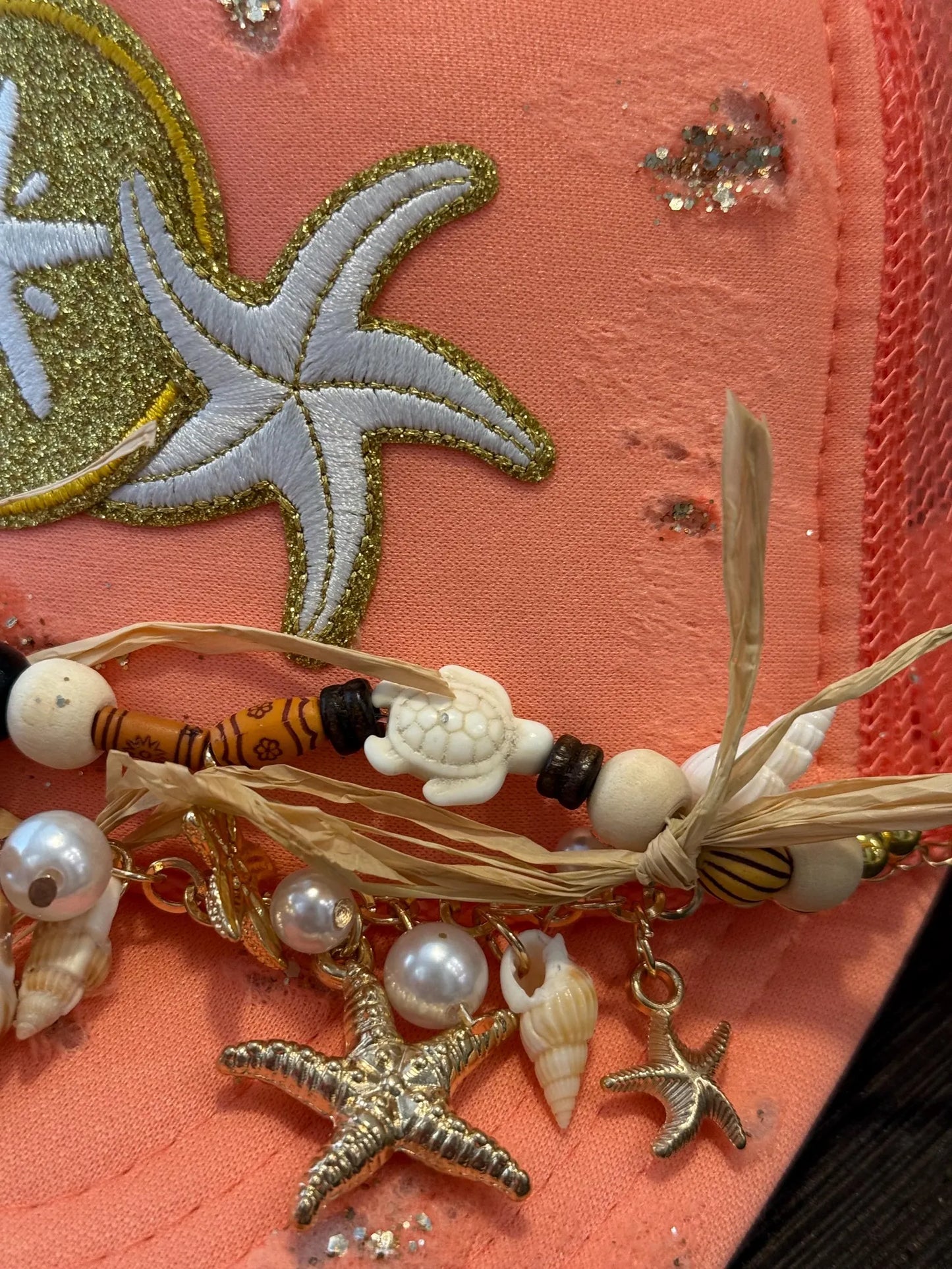 CORAL DISTRESSED SAND DOLLAR/STARFISH TRUCKER HAT