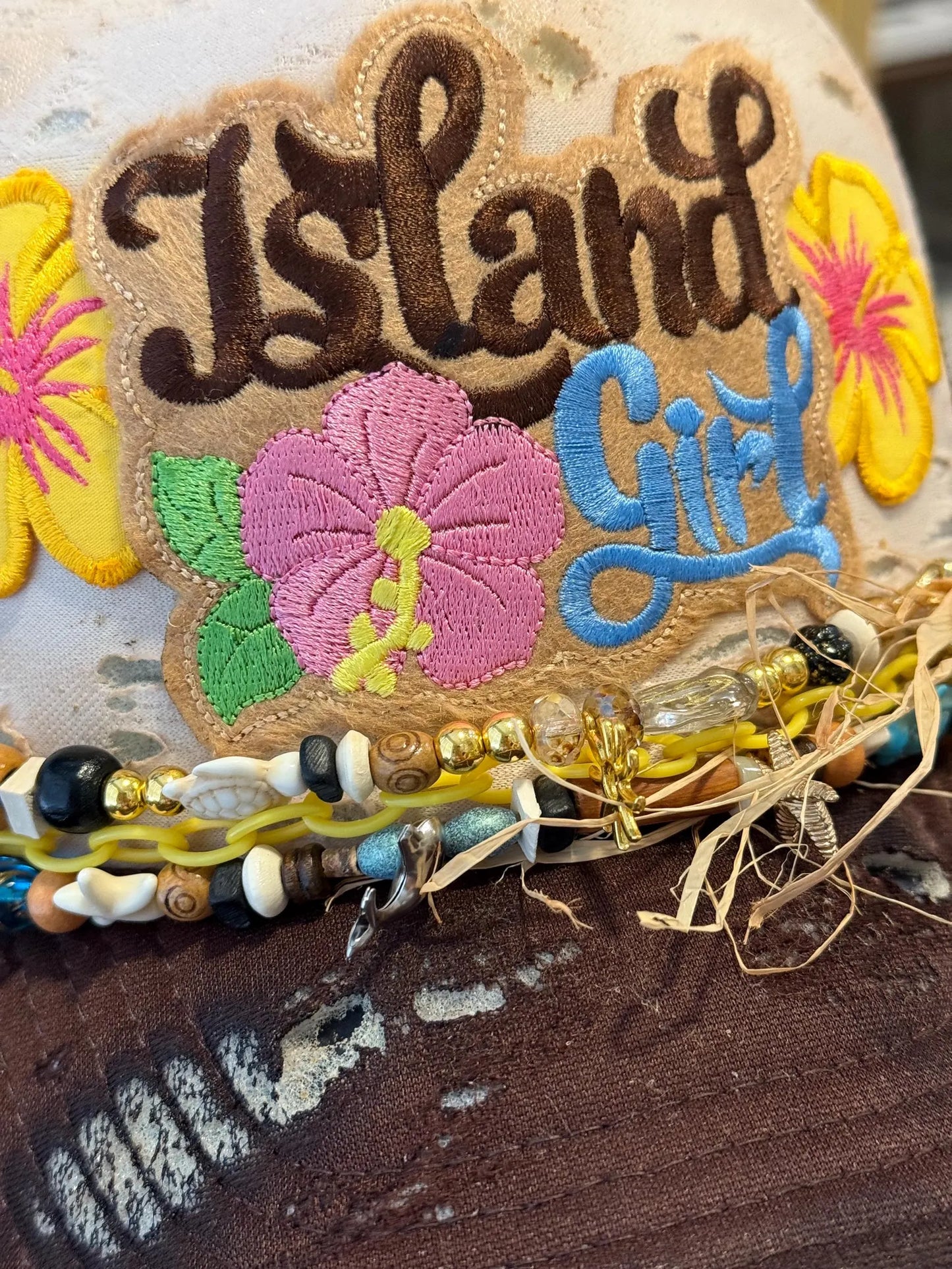BROWN ISLAND GIRL DISTRESSED TRUCKER HAT