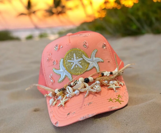 CORAL DISTRESSED SAND DOLLAR/STARFISH TRUCKER HAT