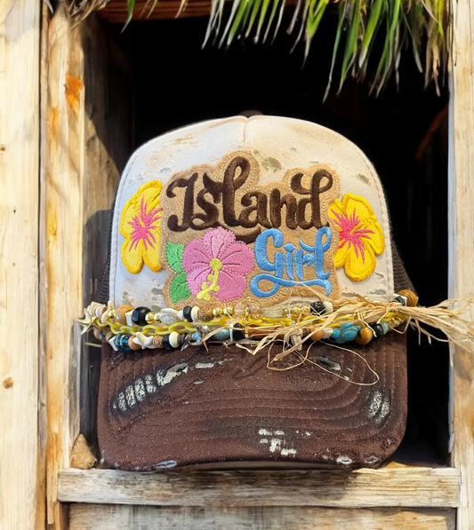 BROWN ISLAND GIRL DISTRESSED TRUCKER HAT